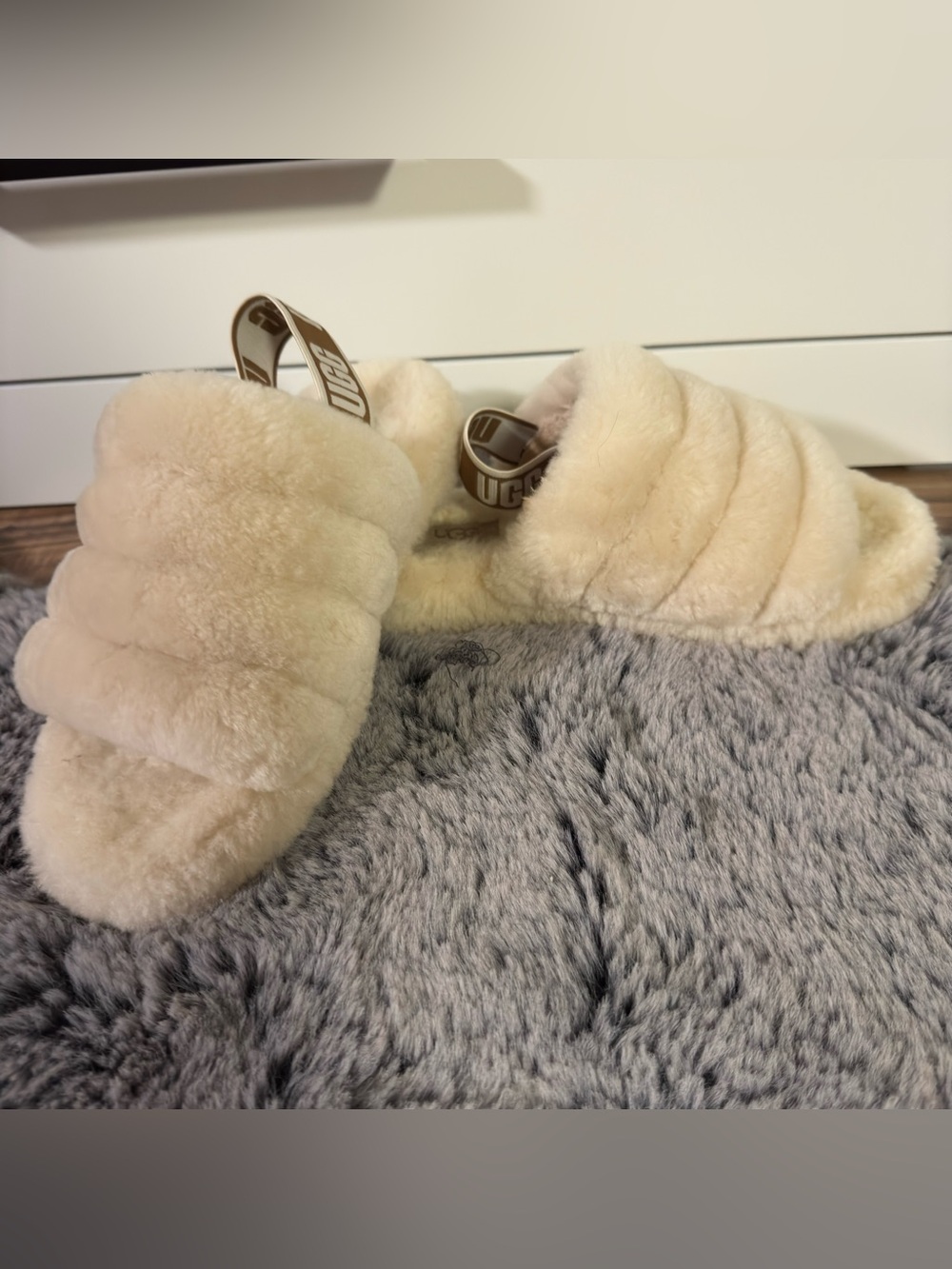 UGG Plush Shearling Slide with Branded Elastic Strap - Cream